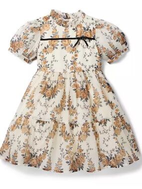 Janie and Jack Cream Floral Ruffle Neck Dress with Black Bow